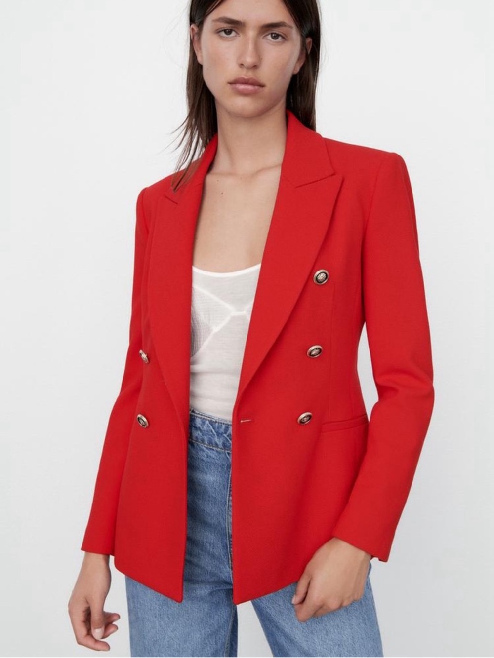 Zara Double Breasted Blazer Jacket Textured Red With Gold Buttons Size S